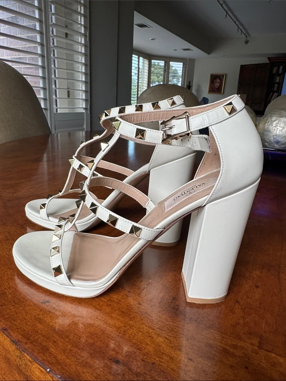 Valentino Garavani White Leather Rockstud T-Strap Block Heel Sandals